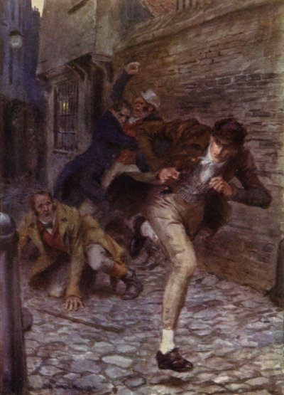Illustration til The Amateur Gentleman af Jeffery Farnol (farve litho) af Charles Edmund (after) Brock