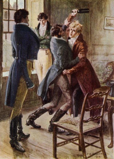 Illustration til The Amateur Gentleman af Jeffery Farnol (farve litho) af Charles Edmund (after) Brock