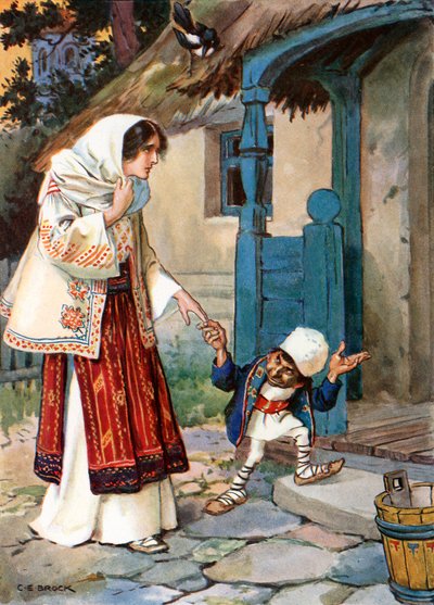 "Lillebror Bit tog sin dejlige brud med til det hus, han havde bygget til hende" (farvelitografi) af Charles Edmund (after) Brock