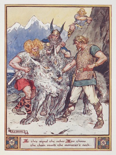 Ved dette signal kastede den anden esir kæden om halsen på uhyret. Tyr lover sin hånd for at lænke ulven Fenrir
