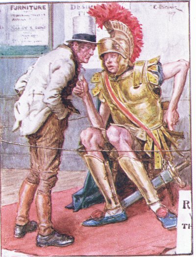 Doktor Marigold, hvem er den mærkelige unge mand, der hænger omkring dine vogne?, illustration fra Dr. Marigolds recept, 1910 af Charles Edmund Brock