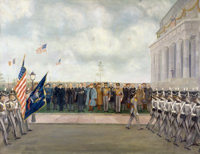 Marshal Joffre på mission til Washington for at inspicere studerende fra West Point, forår 1917, af Charles Edmund Brock (1870-1938), Første Verdenskrig, USA, 20. århundrede af Charles Edmund Brock