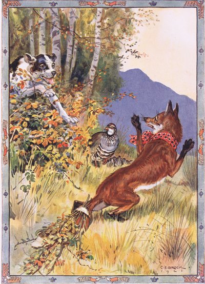 Ud af buskene sprang hunden, scene fra Historien om Agerhønen, ræven og hunden i børnehistorier fra rumænske legender af Moses Gaster (1856-1939) 1921 af Charles Edmund Brock