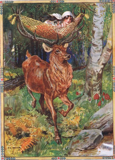 Hjorten med silkehængekøjen fra børnehistorier fra rumænske legender af Moses Gaster (1856-1939) 1921 af Charles Edmund Brock