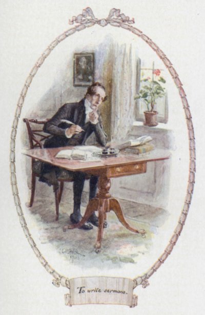 At skrive prædikener (farve litho) af Charles Edmund Brock