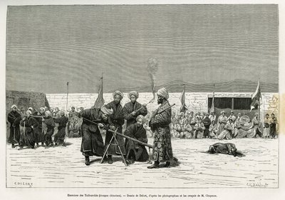 Øvelser med at manipulere Taifourchi bolværksrifler, tropper bevæbnet og trænet af det kinesiske militær, tegning af Delort, for at illustrere minderne om en engelsk ambassade i Kachgar (eller Kashi, Kina) i 1873-74 af Mr. Chapman og Gordon. Indgravering i af Charles Edouard Delort