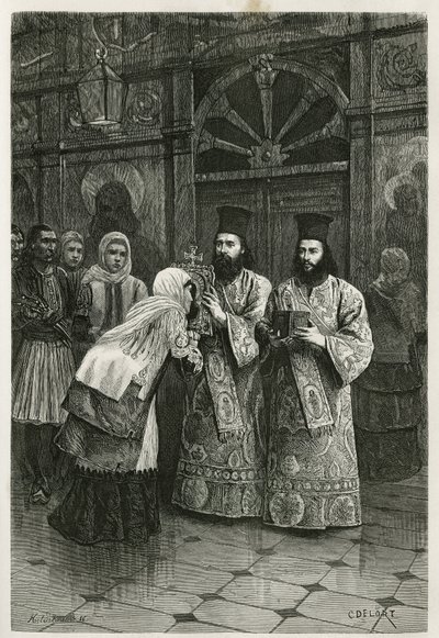Pritres giver et kys til de hellige billeder, graveret af Ch. Delort, for at illustrere Henri Belles rejse til Grækenland i 1861, 1868 og 1874, offentliggjort i tour du monde under ledelse af Edouard Charton af Charles Edouard Delort