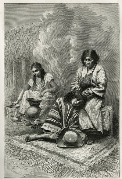 Dets mors fordærvelse af et barn og fremstilling af stok eau de vie (rom), nær Cali (Cauca Valley, Colombia), gravering af Ch.Delort, for at illustrere historien om Equinoxiale America af E.Andre, en missionsopgave af den franske regering, offentliggjort af Charles Edouard Delort