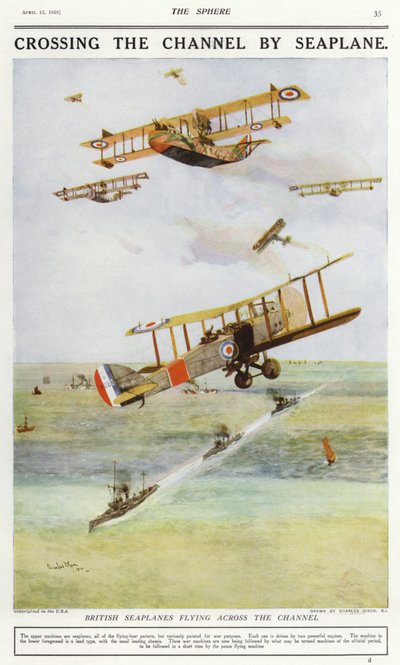 Britiske vandflyvere, der flyver over Den Engelske Kanal (farve litho) af Charles Edward (after) Dixon