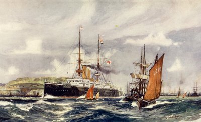HMS Formidable i Plymouth Sound af Charles Edward Dixon