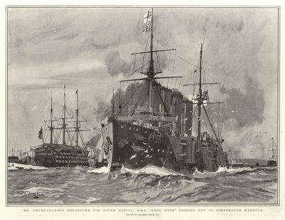 Chamberlains afgang til Sydafrika, H M S Good Hope passerer ud af Portsmouth Havn af Charles Edward Dixon
