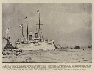 Kejserens besøg hos dronningen, den kejserlige yacht Hohenzollern på vej ind i Portsmouth havn af Charles Edward Dixon