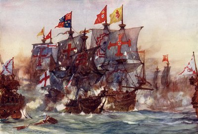 Hævnens sidste kamp ud for Flores på Azorerne, 1591 af Charles Edward Dixon