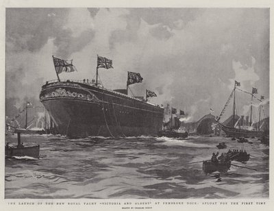 Lanceringen af den nye kongelige yacht Victoria og Albert ved Pembroke Dock, flydende for første gang af Charles Edward Dixon