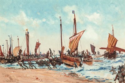 Vilhelm Erobrerens landgang i Hastings den 28. september 1066 af Charles Edward Dixon