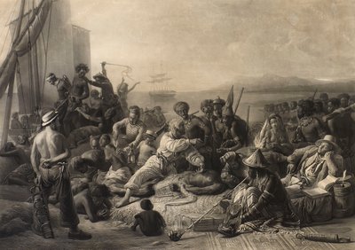 "Scene på Afrikas kyst": Slaver og slaveejere venter på transport til udlandet. af Charles Edward Wagstaff