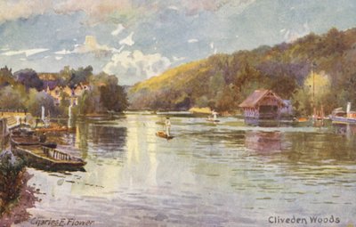 Themsen: Cliveden Woods (farvelitografi) af Charles Edwin Flower