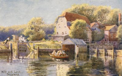 Themsen: Mølle og sluse Shiplake (farvelitografi) af Charles Edwin Flower