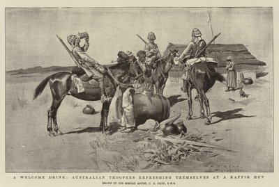 En velkomstdrink, australske troopers, der forfrisker sig på en Kaffir Hut af Charles Edwin Fripp