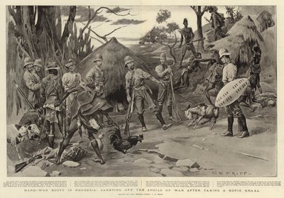 Hårdt vundet krigsbytte i Rhodesia, der bar krigsbyttet efter at have taget en Kopje Kraal af Charles Edwin Fripp