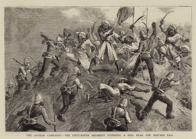 Den afghanske kampagne, det 59. regiment stormer en bakke nær Sebundi-passet af Charles Edwin Fripp