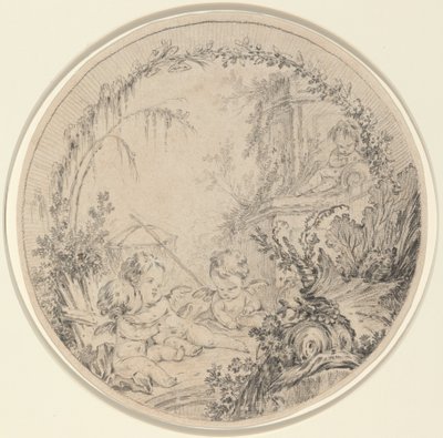 Tre putti med et fiskenet af Charles Eisen
