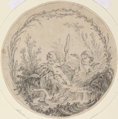 To Putti leger med svaner af Charles Eisen