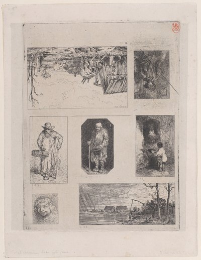 Gårdslandskab a, Siddende Bonde b, Tigger c, Tigger d, Lille Tigger e, Hea..., 1844. af Charles Emile Jacque
