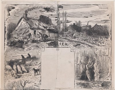 februar fra Album of Rustic Subjects, 1859. af Charles Emile Jacque