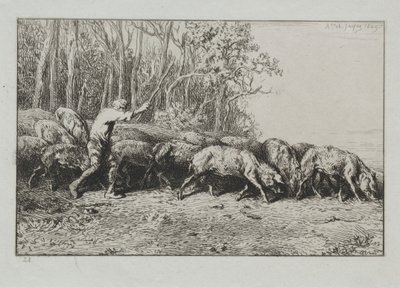 Flok grise, der forlader en skov af Charles Emile Jacque