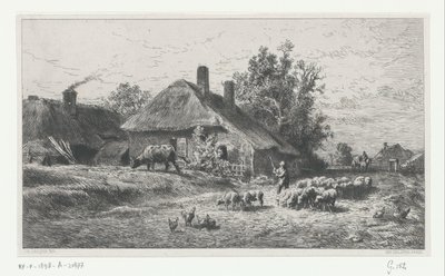 Hyrde med flok på en vej langs en gård af Charles Emile Jacque