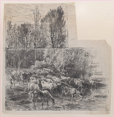 Hyrde og kvæg ved Ford, ca. 1850. af Charles Emile Jacque
