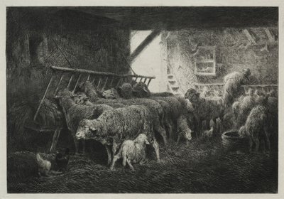 Interiør af fåreindhegning. af Charles Emile Jacque