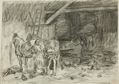 Interiør af en smedje (recto); mand bøjer sig forover, set fra læs (verso) af Charles Emile Jacque