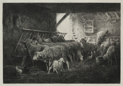 Interiør af en fåresti af Charles Emile Jacque