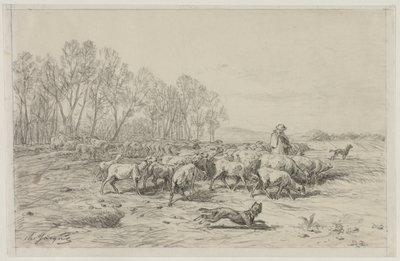 Landskab med en fåreflok, 1800-tallet. af Charles Emile Jacque