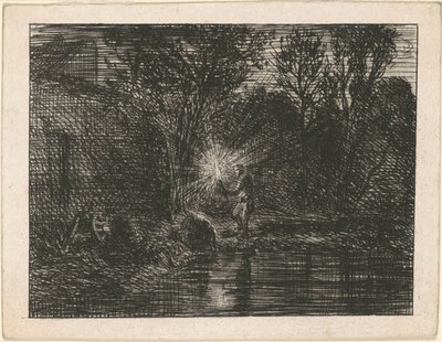 Flodbred om natten af Charles Emile Jacque