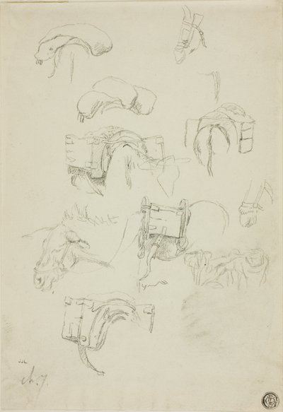 Ark med skitser: Detaljer om et æsel og dets udstyr af Charles Emile Jacque
