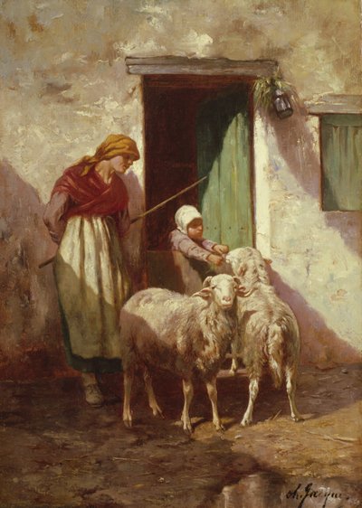 Hyrdinde med et barn og to får af Charles Emile Jacque