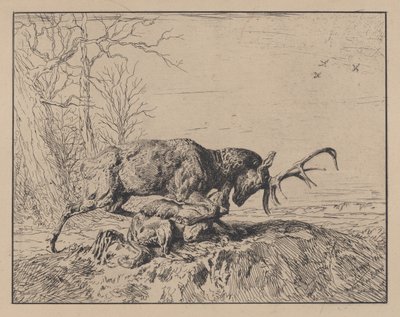 Hjort, der kæmper mod en ulv, efter Antoine Louis Barye, 1846. af Charles Emile Jacque