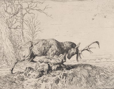 Hjort, der kæmper mod en ulv, efter Antoine Louis Barye, 1846. af Charles Emile Jacque