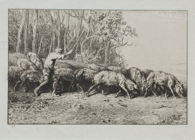 Flok porer, der kommer ud af en skov. af Charles Emile Jacque