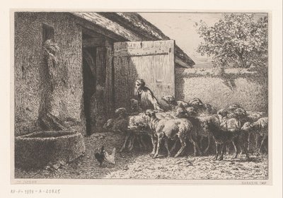 Kvinde fører får til stalden Bergerie af Charles Emile Jacque