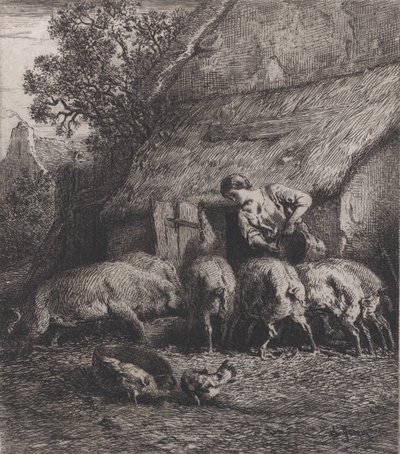 Kvinde, der fodrer svin, 1850. af Charles Emile Jacque