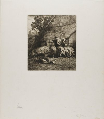 Kvinde fodrer seks grise af Charles Emile Jacque