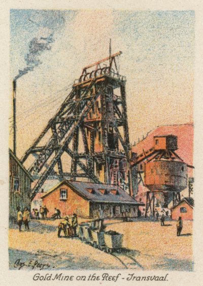 Sydafrika: Guldmine på revet, Transvaal (farvelitografi) af Charles Ernest Peers