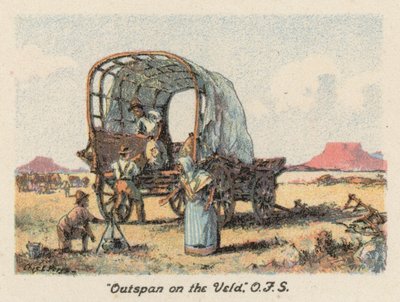 Sydafrika: "Outspan on the Veld", OFS (farvelitografi) af Charles Ernest Peers