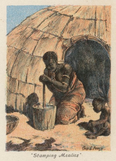 Sydafrika: "Stamping Mealies" (farvelitografi) af Charles Ernest Peers