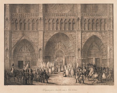 Flag taget i Austerlitz modtaget i Notre Dame, begyndelsen af det 19. århundrede (litho) af Charles Etienne Pierre Motte