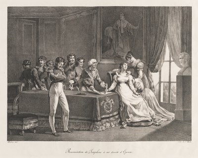 Josephine giver afkald på sine rettigheder, tidligt 1800-tallet (litho) af Charles Etienne Pierre Motte